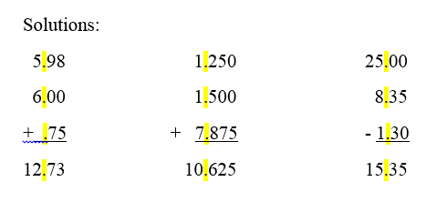 addition subtraction decimals
